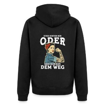 Steh Hinter Mir oder geh mir aus dem Weg - Unisex Premium Bio Zip Hoodie - Schwarz - Hinten - Nico (187cm)