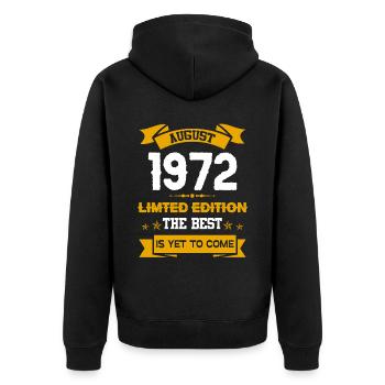 August 1972 Geburtstagsgeschenk - Unisex Premium Bio Zip Hoodie - Schwarz - Hinten - Nico (187cm)