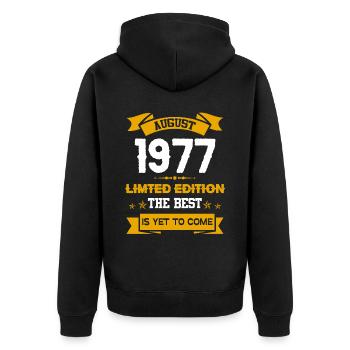 August 1977 Geburtstagsgeschenk - Unisex Premium Bio Zip Hoodie - Schwarz - Hinten - Nico (187cm)