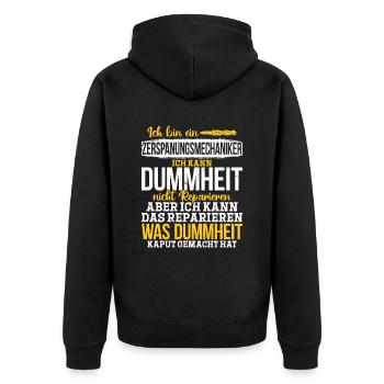 Zerspaner Ich kann Dummheit nicht Reparieren - Unisex Premium Bio Zip Hoodie - Schwarz - Hinten - Nico (187cm)