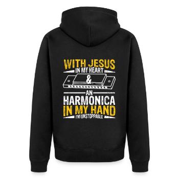 Mundharmonika Spieler und Mundharmonika - Unisex Premium Bio Zip Hoodie - Schwarz - Hinten - Nico (187cm)