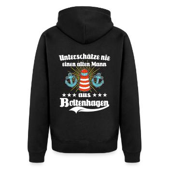 Boltenhagen Mann Boltenhagener Männer - Unisex Premium Bio Zip Hoodie - Schwarz - Hinten - Nico (187cm)
