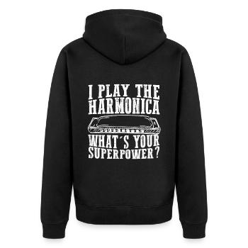 Mundharmonika Instrument und Mundharmonika - Unisex Premium Bio Zip Hoodie - Schwarz - Hinten - Nico (187cm)