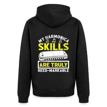 Harmonikaspieler für Munharmonika Spieler - Unisex Premium Bio Zip Hoodie - Schwarz - Hinten - Nico (187cm)