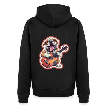 Bulldogge spielt Acousitc Rock Gitarre Hund - Unisex Premium Bio Zip Hoodie - Schwarz - Hinten - Nico (187cm)