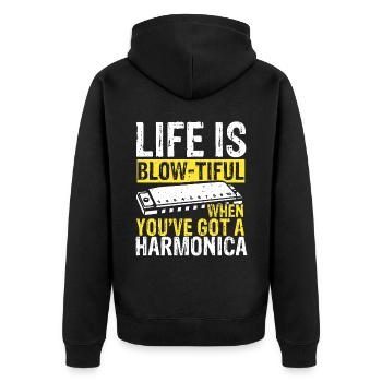 Harmonikaspieler für Munharmonika Spieler - Unisex Premium Bio Zip Hoodie - Schwarz - Hinten - Nico (187cm)