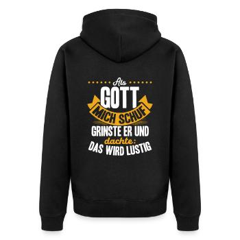 Als Gott mich schuf, dachte er, das wird lustig - Unisex Premium Bio Zip Hoodie - Schwarz - Hinten - Nico (187cm)