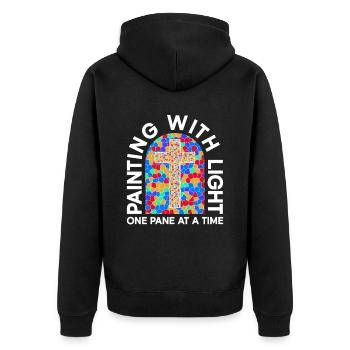 Malen mit Licht - eine Scheibe nach der anderen - - Unisex Premium Bio Zip Hoodie - Schwarz - Hinten - Nico (187cm)