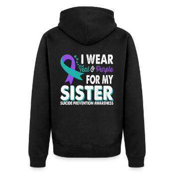 Wear teal & purple for awareness of the - Unisex Premium Organic Zip Hoodie - black - Back - Nico (187cm)