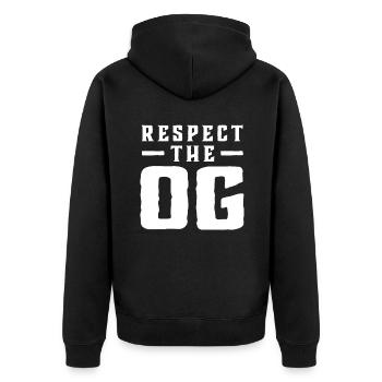 Respect The OG Original Gangsta Calligraphy - Unisex Premium Bio Zip Hoodie - Schwarz - Hinten - Nico (187cm)