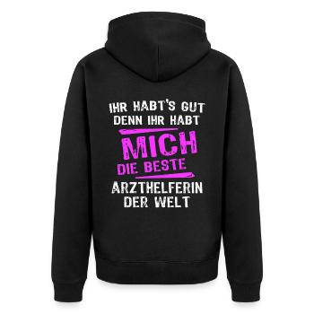 Arzthelferin Spruch - Unisex Premium Bio Zip Hoodie - Schwarz - Hinten - Nico (187cm)