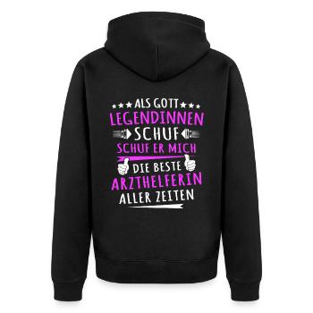 Arzthelferin Sprüche - Unisex Premium Bio Zip Hoodie - Schwarz - Hinten - Nico (187cm)