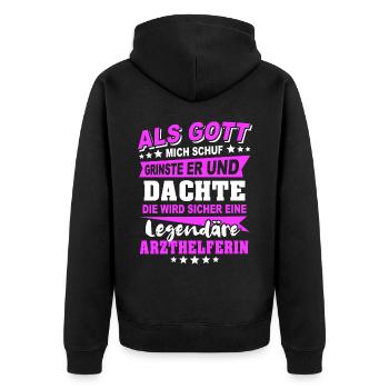 Arzthelferin Sprüche - Unisex Premium Bio Zip Hoodie - Schwarz - Hinten - Nico (187cm)