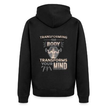 Die Umwandlung Ihres Körpers Formt Ihren Geist - Unisex Premium Bio Zip Hoodie - Schwarz - Hinten - Nico (187cm)