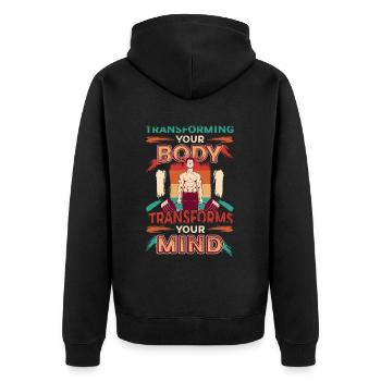 Die Umwandlung Ihres Körpers Formt Ihren Geist - Unisex Premium Bio Zip Hoodie - Schwarz - Hinten - Nico (187cm)