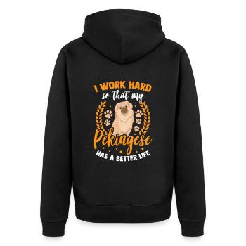 Arbeite für meinen Pekinese Peking-Palasthund - Unisex Premium Bio Zip Hoodie - Schwarz - Hinten - Nico (187cm)