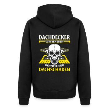 Dachdecker – Wir beheben gerne Ihren Dachschaden - Unisex Premium Bio Zip Hoodie - Schwarz - Hinten - Nico (187cm)