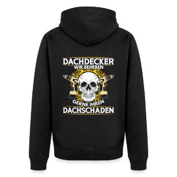 Dachdecker – Wir beheben gerne Ihren Dachschaden - Unisex Premium Bio Zip Hoodie - Schwarz - Hinten - Nico (187cm)