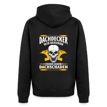 Dachdecker – Wir beheben gerne Ihren Dachschaden - Unisex Premium Bio Zip Hoodie - Schwarz - Hinten - Nico (187cm)