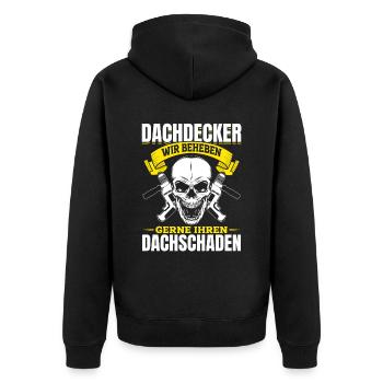 Dachdecker – Wir beheben gerne Ihren Dachschaden - Unisex Premium Bio Zip Hoodie - Schwarz - Hinten - Nico (187cm)