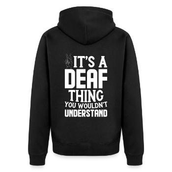 Deaf Pride ASL Gebärdensprache - Unisex Premium Bio Zip Hoodie - Schwarz - Hinten - Nico (187cm)