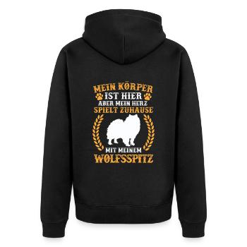 Spiele mit meinem Wolfsspitz Deutscher Keeshond - Unisex Premium Bio Zip Hoodie - Schwarz - Hinten - Nico (187cm)