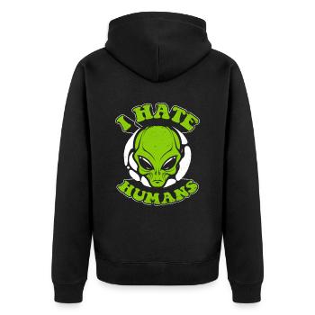 I Hate Humans Conspiracy Außerirdischer Ufo Alien - Unisex Premium Bio Zip Hoodie - Schwarz - Hinten - Nico (187cm)