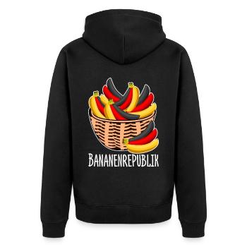 Bananenrepublik Bananenkorb - Unisex Premium Bio Zip Hoodie - Schwarz - Hinten - Nico (187cm)