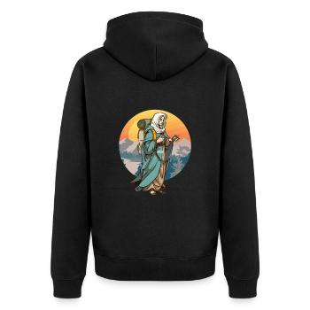Heilige Maria als Geocacher - Geocaching Geocacher - Unisex Premium Bio Zip Hoodie - Schwarz - Hinten - Nico (187cm)