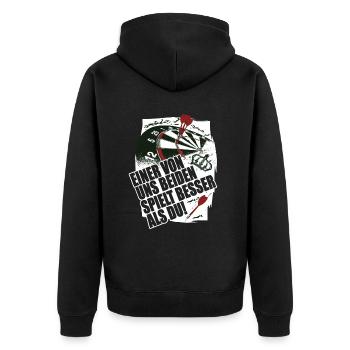 Einer von uns Beiden spielt besser - Dartspieler - Unisex Premium Bio Zip Hoodie - Schwarz - Hinten - Nico (187cm)