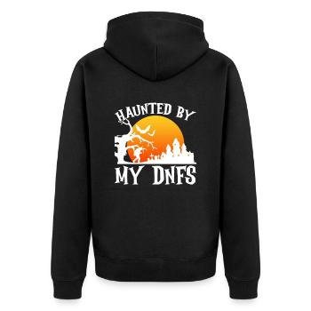 Verfolgt von meinen DNF's - Geocaching Geocacher - Unisex Premium Bio Zip Hoodie - Schwarz - Hinten - Nico (187cm)