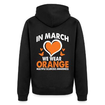 In March we wear the orange month of the - Unisex Premium Organic Zip Hoodie - black - Back - Nico (187cm)