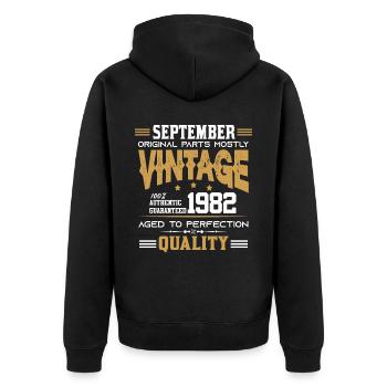 Vintage Aged To Perfection September 1982 - Unisex Premium Bio Zip Hoodie - Schwarz - Hinten - Nico (187cm)