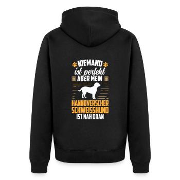 Hannoverscher Schweißhund ist nicht perfekt - Unisex Premium Bio Zip Hoodie - Schwarz - Hinten - Nico (187cm)