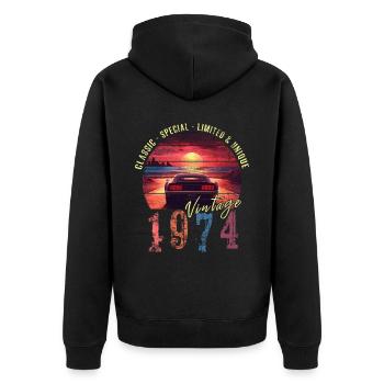 Millésime 1974 Anniversaire Synthwave Année de naissance 1974 - Veste à capuche bio Premium Unisexe - noir - Dos - Nico (187cm)