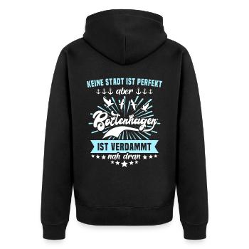 Boltenhagen Sprüche - Unisex Premium Bio Zip Hoodie - Schwarz - Hinten - Nico (187cm)