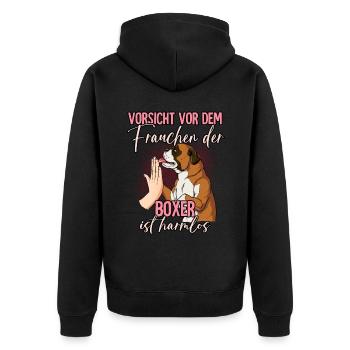 Vorsicht vor dem Frauchen Boxer - Unisex Premium Bio Zip Hoodie - Schwarz - Hinten - Nico (187cm)