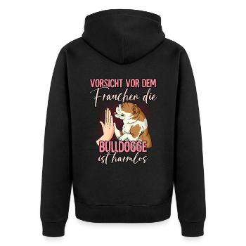 Vorsicht vor dem Frauchen Bulldogge - Unisex Premium Bio Zip Hoodie - Schwarz - Hinten - Nico (187cm)