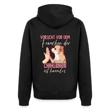 Vorsicht vor dem Frauchen Chihuahua - Unisex Premium Bio Zip Hoodie - Schwarz - Hinten - Nico (187cm)