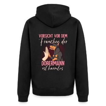 Vorsicht vor dem Frauchen Dobermann - Unisex Premium Bio Zip Hoodie - Schwarz - Hinten - Nico (187cm)
