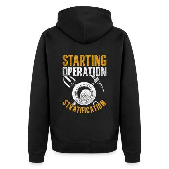 Goldsucher Starting Operation Stratification - Unisex Premium Bio Zip Hoodie - Schwarz - Hinten - Nico (187cm)