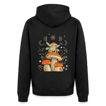 Cottagecore Aesthetic Frog Mushroom Moon Phase - Unisex Premium Organic Zip Hoodie - black - Back - Nico (187cm)