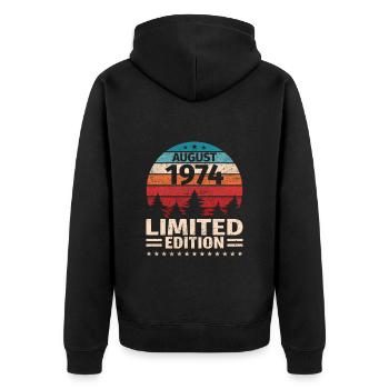 49th Birthday August Vintage 1974 Vintage - Unisex Premium Organic Zip Hoodie - black - Back - Nico (187cm)