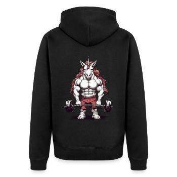Einhorn Bodybuilder cooles Fitness Muskel Design - Unisex Premium Bio Zip Hoodie - Schwarz - Hinten - Nico (187cm)