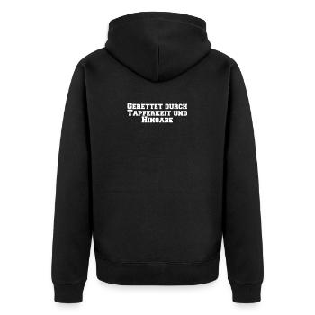 Feuerwehr - Gerettet durch Tapferkeit und Hingabe - Unisex Premium Bio Zip Hoodie - Schwarz - Hinten - Nico (187cm)