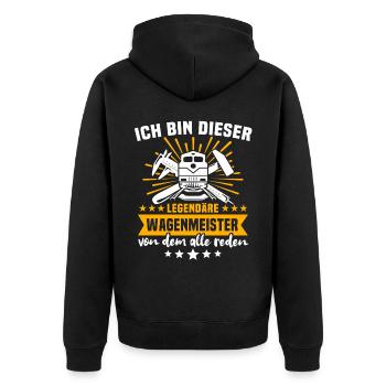 Wagenmeister Legende - Unisex Premium Bio Zip Hoodie - Schwarz - Hinten - Nico (187cm)