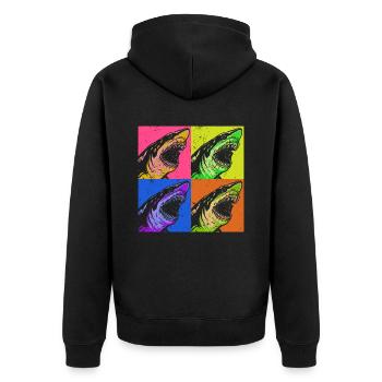 Megalodon Pop Up Retro - Megalodon-Hai - Unisex Premium Bio Zip Hoodie - Schwarz - Hinten - Nico (187cm)