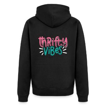 Thrift Shopping Thrifty Vibes Second Hand Thrifter - Unisex Premium Bio Zip Hoodie - Schwarz - Hinten - Nico (187cm)