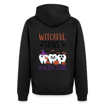 Hexenhaftes Grinsen, gesundes Kinn. - Unisex Premium Bio Zip Hoodie - Schwarz - Hinten - Nico (187cm)