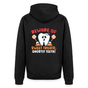 Vorsicht vor süßen Leckereien, Geisterzähne! - Unisex Premium Bio Zip Hoodie - Schwarz - Hinten - Nico (187cm)